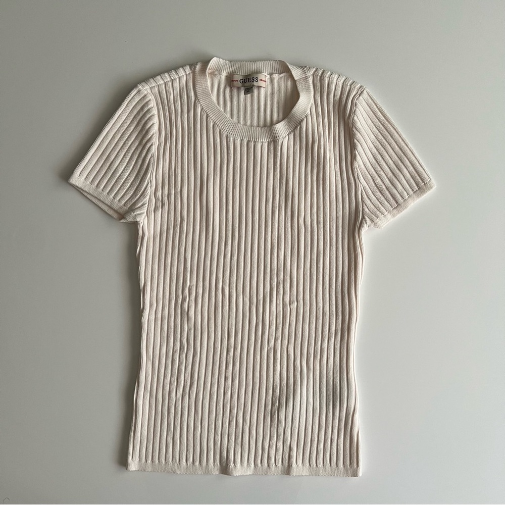 Guess Cream Ribbed Short Sleeve Tee
